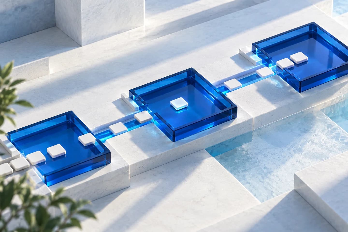 Concept illustration of connected blue glass channels keeping information along a continuous route