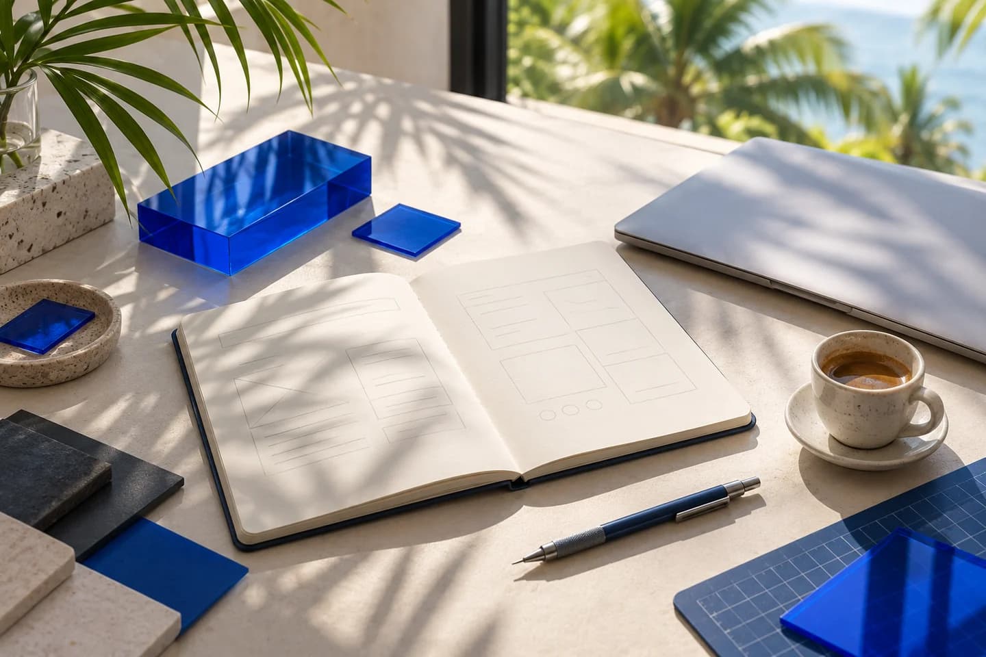 Illustrative sunlit studio desk with a sketchbook, coffee and blue material samples