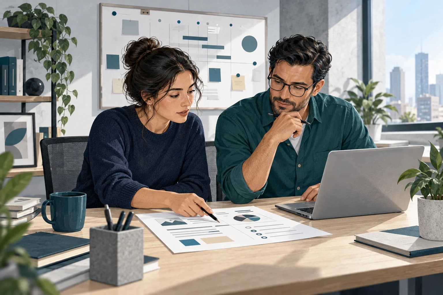 Illustration of two colleagues reviewing a project brief beside a laptop