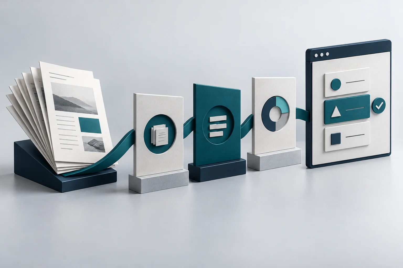 Sculptural paper guides connected to learning panels and an interactive course interface